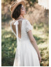 Short Sleeves Ivory Lace Chiffon Unique Boho Wedding Dress